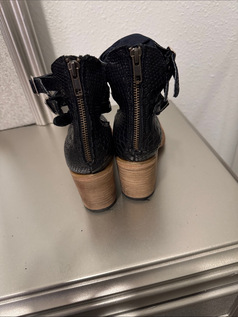 Freebird by Steven Black Faux-Snakeskin Triple-Strap Block Heel Booties - Picture 3 of 4